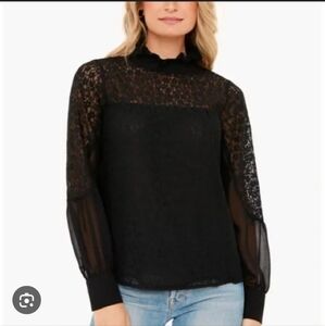 Tuckernuck Rosalee Puff Sleeve Blouse Women's Medium Black Semi-Sheer Lace